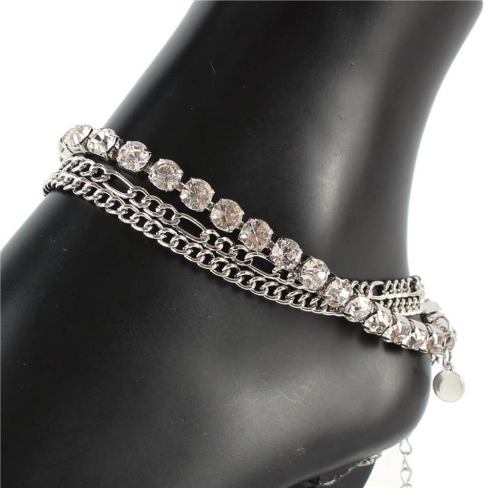 Silver Rhinestone Crystal Chain Link Butterfly Pendant 3 Layered Anklet Metal